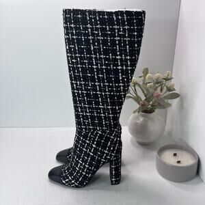 Steve Madden Ally Tweed Knee High Block Heel Boots Black/White Women 6.5M NWOB